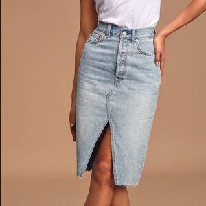 Deconstructed Light Wash Denim High-Rise Midi Skirt